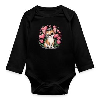 Motif animalier mignon avec chihuahua, tulipes et cœurs - Body Bébé bio manches longues - noir - Devant