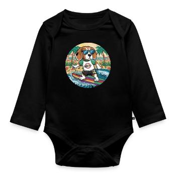 Cool beagle loves surfing - Organic Longsleeve Baby Bodysuit - black - Front