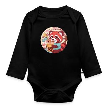 Roter Kawaii Panda mit Bubble Tea - Baby Bio-Langarm-Body - Schwarz - Vorne