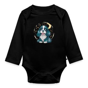 Cute Cocker Spaniel with Moon and Stars - Organic Longsleeve Baby Bodysuit - black - Front