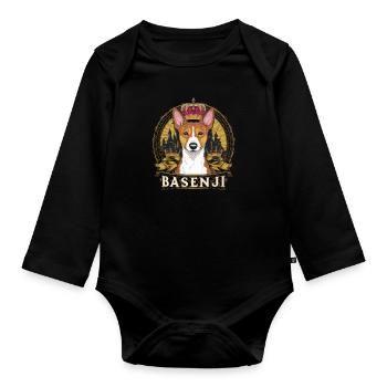 Cartoon Basenji dog with crown and lock - Organic Longsleeve Baby Bodysuit - black - Front