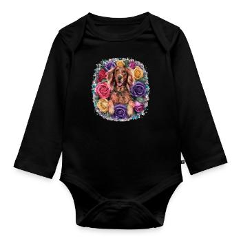 Cartoon Irish Setter with Roses - Organic Longsleeve Baby Bodysuit - black - Front