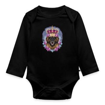 Chien Leonberger mignon avec couronne et orchidées - Body Bébé bio manches longues - noir - Devant