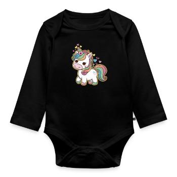 Licorne Kawaii mignonne avec des cœurs - Body Bébé bio manches longues - noir - Devant