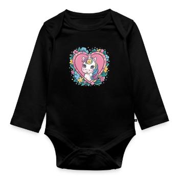 Kawaii Unicorn with Flowers and Hearts - Organic Longsleeve Baby Bodysuit - black - Front