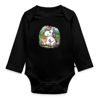 Kawaii Unicorn with Honey and Tea - Organic Longsleeve Baby Bodysuit - black - Front