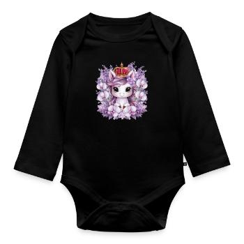 Kawaii Unicorn with Orchids and Lilac - Organic Longsleeve Baby Bodysuit - black - Front