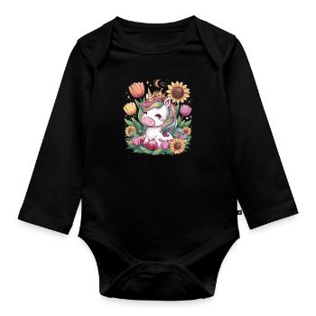 Kawaii Einhorn mit Krone, Tulpen und Sonnenblmen - Baby Bio-Langarm-Body - Schwarz - Vorne
