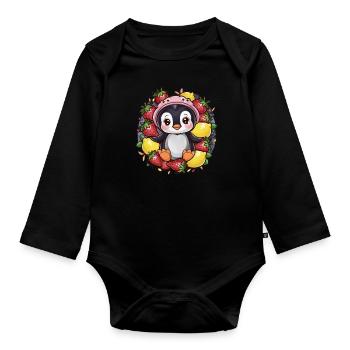Cartoon Kawaii Pinguin mit Erdbeeren und Zitronen - Baby Bio-Langarm-Body - Schwarz - Vorne