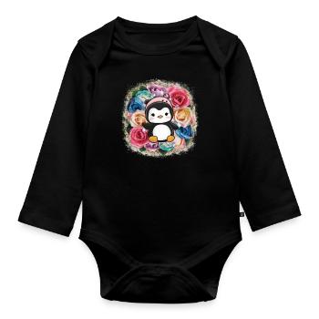 Dessin animé Kawaii Pingouin avec Couronne - Body Bébé bio manches longues - noir - Devant