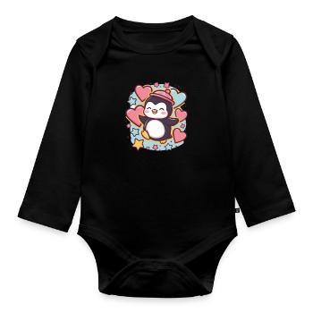 Cartoon Kawaii Pinguin mit Herzen und Sternen - Baby Bio-Langarm-Body - Schwarz - Vorne