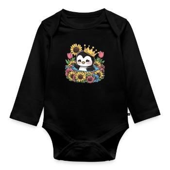 Kawaii Penguin with Crown, Tulips and Sunflowers - Organic Longsleeve Baby Bodysuit - black - Front