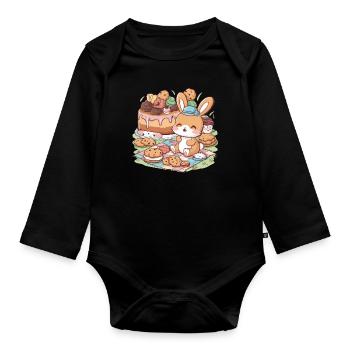 Cartoon kawaii bunny with cookies and cake - Organic Longsleeve Baby Bodysuit - black - Front