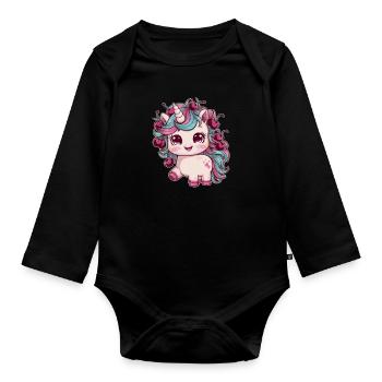 Cooles Kawaii Einhorn mit Kirschen - Baby Bio-Langarm-Body - Schwarz - Vorne