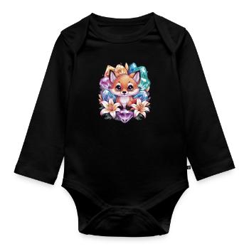 Dessin animé Kawaii renard avec des fleurs colorées - Body Bébé bio manches longues - noir - Devant