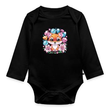 Dessin animé Kawaii renard avec des fleurs colorées - Body Bébé bio manches longues - noir - Devant