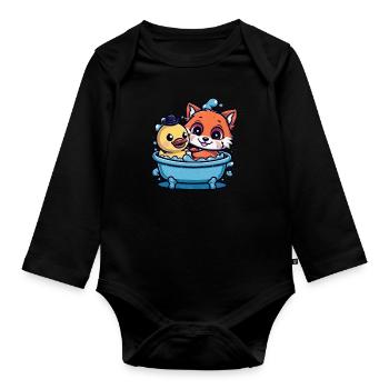 Renard kawaii dans le style dessin animé avec canard en caoutchouc - Body Bébé bio manches longues - noir - Devant