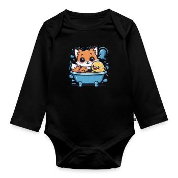 Kawaii fox in cartoon style with rubber duck - Organic Longsleeve Baby Bodysuit - black - Front