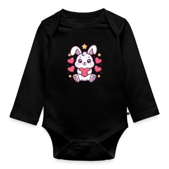 Süßer Kawaii Hase mit Herzen und Sternen - Baby Bio-Langarm-Body - Schwarz - Vorne