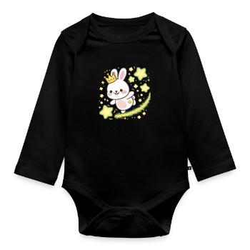 Süßer Kawaii Hase mit Krone und Sternen - Baby Bio-Langarm-Body - Schwarz - Vorne
