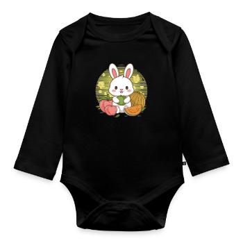 Kawaii Hase mit Pfirsichen und Melonen - Baby Bio-Langarm-Body - Schwarz - Vorne