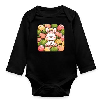 Kawaii Hase mit Pfirsichen und Melonen - Baby Bio-Langarm-Body - Schwarz - Vorne