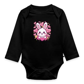 Süßer Kawaii Hase mit Herzen und Sternen - Baby Bio-Langarm-Body - Schwarz - Vorne