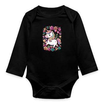 Licorne Kawaii avec des roses et des tulipes - Body Bébé bio manches longues - noir - Devant