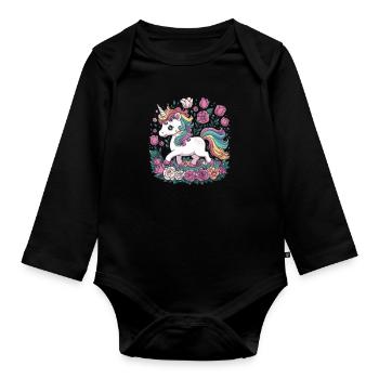 Licorne Kawaii avec des roses et des tulipes - Body Bébé bio manches longues - noir - Devant