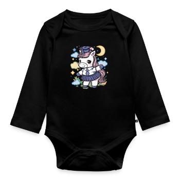 Licorne kawaii portant un uniforme scolaire - Body Bébé bio manches longues - noir - Devant