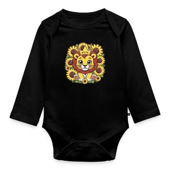 Dessin animé Kawaii lion avec couronne et tournesols - Body Bébé bio manches longues - noir - Devant
