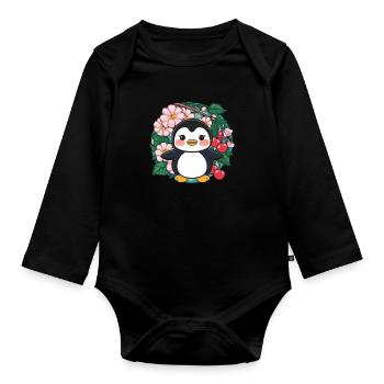 Dessin animé Kawaii Pingouin aux cerises - Body Bébé bio manches longues - noir - Devant