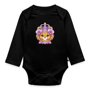 Lion Kawaii avec Couronne et Orchidées - Body Bébé bio manches longues - noir - Devant