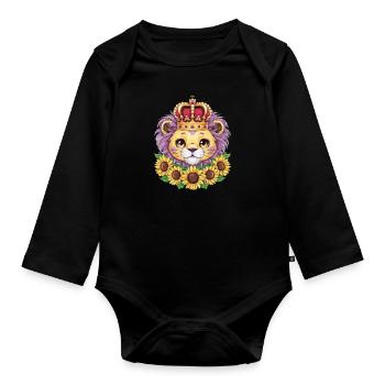 Dessin animé Kawaii lion avec couronne et tournesols - Body Bébé bio manches longues - noir - Devant