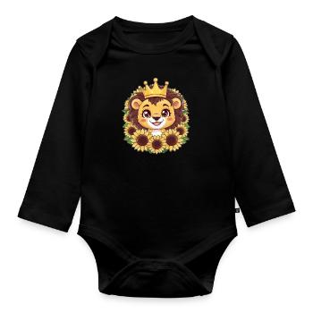 Dessin animé Kawaii lion avec couronne et tournesols - Body Bébé bio manches longues - noir - Devant