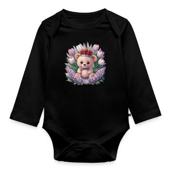 Ours en peluche kawaii avec couronne, tulipes et lilas - Body Bébé bio manches longues - noir - Devant
