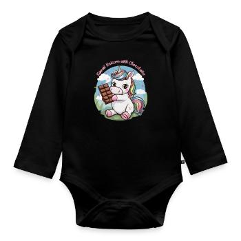 Süßes Kawaii Einhorn mit Schokolade - Baby Bio-Langarm-Body - Schwarz - Vorne