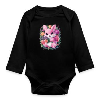 Mignon lapin kawaii avec des roses et de la lavande - Body Bébé bio manches longues - noir - Devant