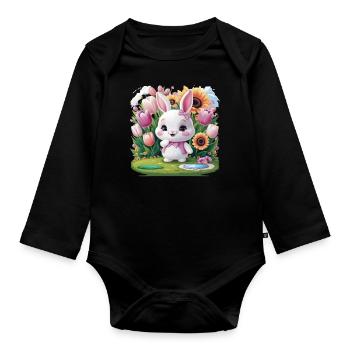 Lapin kawaii avec des tulipes et des tournesols - Body Bébé bio manches longues - noir - Devant