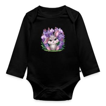 Lapin Kawaii avec orchidées et lilas - Body Bébé bio manches longues - noir - Devant
