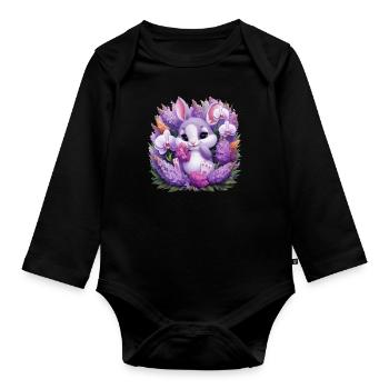 Kawaii Bunny with Orchids and Lilac - Organic Longsleeve Baby Bodysuit - black - Front
