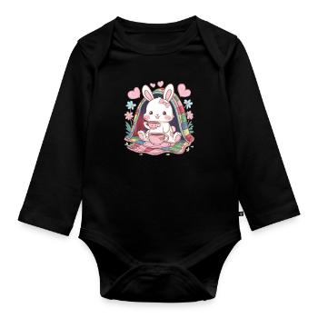Cuddly Hawaiian bunny with tea and blanket - Organic Longsleeve Baby Bodysuit - black - Front