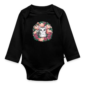 Dessin animé Kawaii Chinchilla avec des roses et de la pêche - Body Bébé bio manches longues - noir - Devant