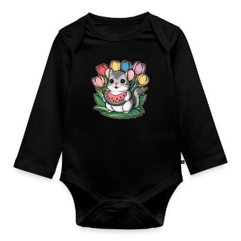 Kawaii Chinchilla mit Wassermelone und Tulpen - Baby Bio-Langarm-Body - Schwarz - Vorne