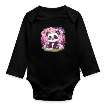 Kawaii Panda with Cherry Blossoms - Organic Longsleeve Baby Bodysuit - black - Front