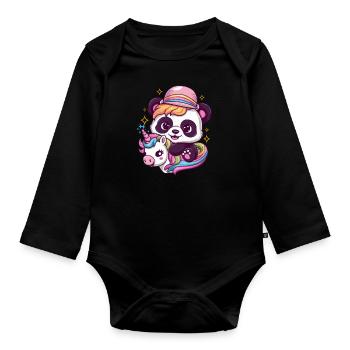 Süßer Kawaii Panda mit Einhorn - Baby Bio-Langarm-Body - Schwarz - Vorne
