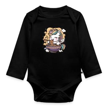 Cute Kawaii Unicorn with Noodle Soup - Organic Longsleeve Baby Bodysuit - black - Front