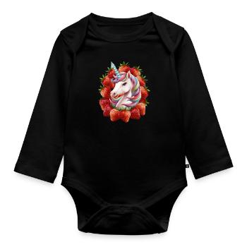 Niedliches Einhorn mit Erdbeeren voller Magie - Baby Bio-Langarm-Body - Schwarz - Vorne