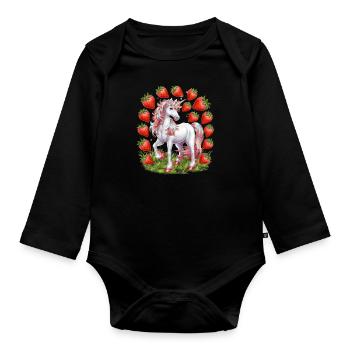 Niedliches Einhorn mit Erdbeeren voller Magie - Baby Bio-Langarm-Body - Schwarz - Vorne