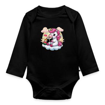 Kawaii unicorn loves sushi - Organic Longsleeve Baby Bodysuit - black - Front